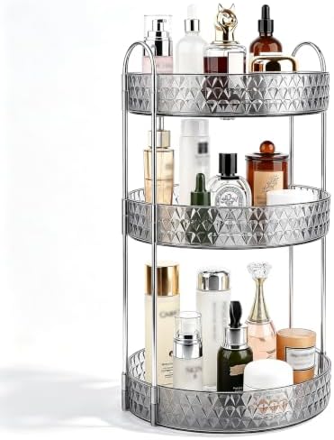 Large Capacity Rotating Makeup Organizer Perfume Stand Holder, 3 Tier Gray
