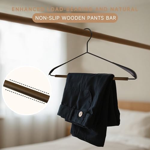 Wide Shoulder Wire Hangers with Wood Pants Bar, Black, 12-Pack