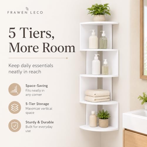 5-Tier Corner Wall Shelf, 30.7 in Tall PVC Corner Storage Shelf, Wall Mounted Corner Organizer Rack for Bathroom, Kitche