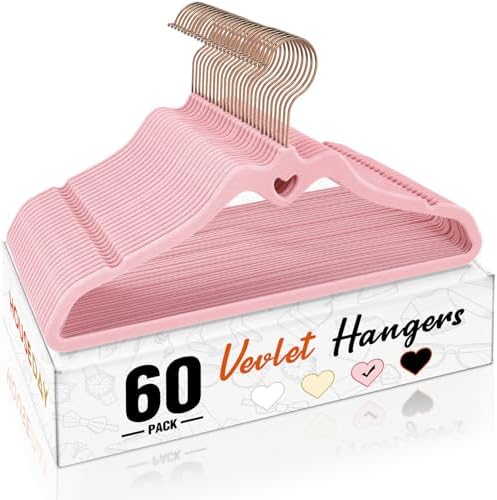 HOUSE DAY Pink Velvet Hangers 60 Pack, Non Slip Flocked Felt Hangers, Sturdy Velvet Clothes Hanger, Cute Heart Heavy Duty Coat Hanger, Ultra Slim Pink for Closet Space Saving