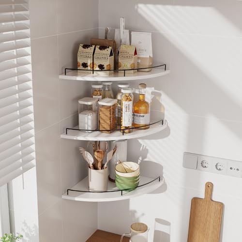 JJL Corner Shelf Wall Mounted, 12 Inches 3-Tier Floating Corner Shelf, Fan-Shaped Rustic Wood Decor with Fence, White Fl