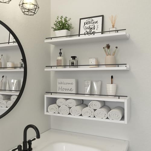 WOPITUES Floating Shelves for Wall 24 inch with Cube Shelf, Wall Shelves with Metal Rail for Bathroom Decor, Bathroom Or