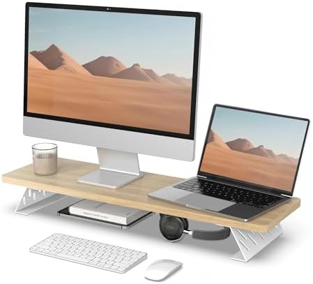 Fenge Monitor Stand Riser, Wooden & Metal Desk Shelf Organizer, Oak