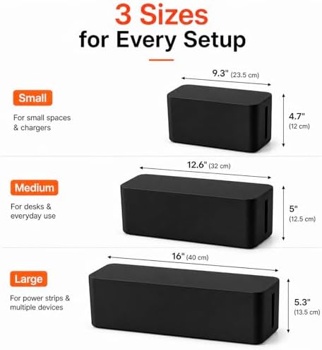 [Set of 3] 3 Cable Management Boxes + 3 Wire Ties, Large Cord Box Organizers to Hold and Hide Power Strip Charger Adapte