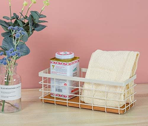 TIEYIPIN Small Metal Wire Storage Basket, Detachable Wood Base Storage Organizer Bin Basket for Kitchen Cabinets, Bathro