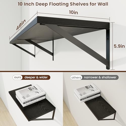 Axeman Deep Floating Shelves, 48'' x 10'' Black Wall Shelves Set of 2