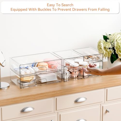 Yieach Clear Stackable Storage Drawers - Set of 6 - Acrylic Drawers,Bathroom Organizer Bin and Plastic Makeup Organizer,
