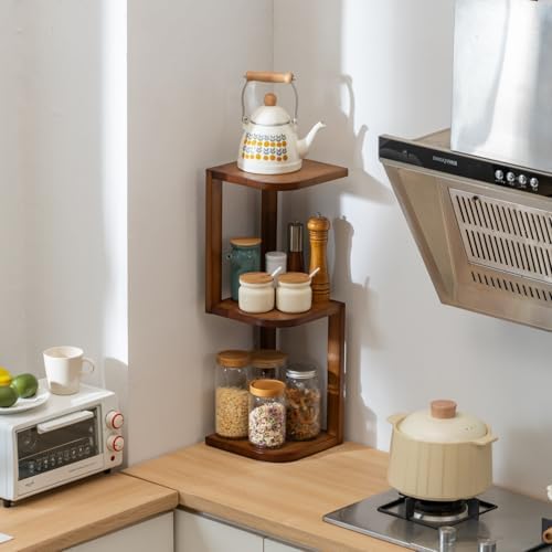 Corner Shelf Stand Desk Organizer,26.8" H Rubberwood Brown Rack for Small Spaces, Bedroom,Home Office,Kitchen,Bathroom (