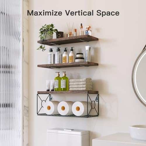 Amada Bathroom Shelves with Storage Basket, Set of 3, Rustic Brown