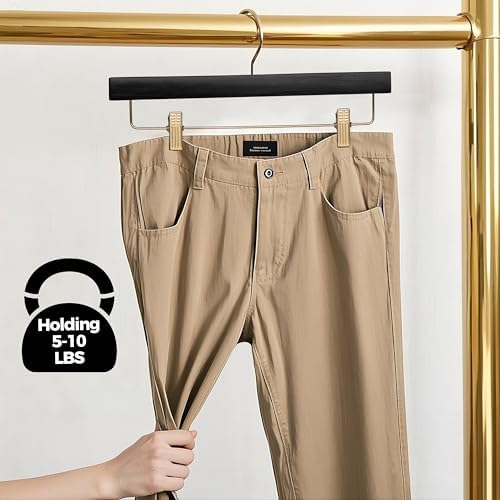 Quality Hangers Black Wooden Pants Hangers - 10-Pack Swivel Hook Cloth Hanger Set - Lotus Wood Skirt, Pant, Shorts and Slack Hangers with Adjustable Clip – Black Clothing Hanger (Gold Hook, 10)