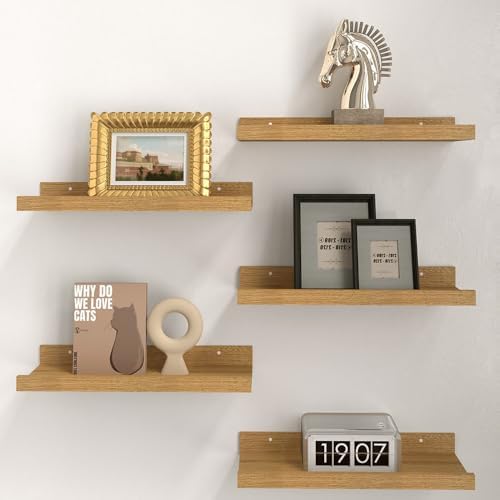 RICHER HOUSE 5-Set Floating Shelves with Lip, Oak Wall Mounted Wood Shelf