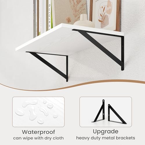 Heimlove White Deep Floating Shelves for Wall, 16W x 8D Wood Wall Shelves Set of 2, Wide Floating Bookshelf for Living R