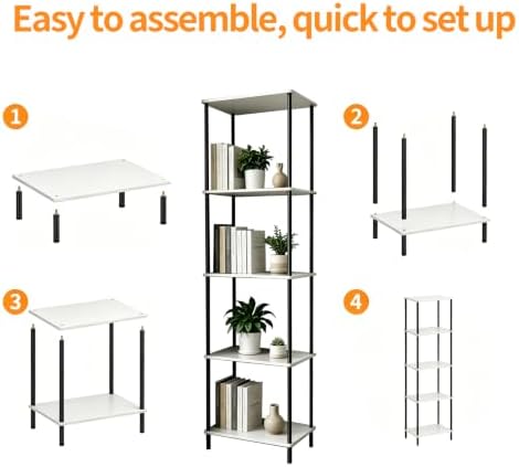 5 Tier Corner Bookshelf,Wooden Standing Shelf Unit with Metal Frame,Anti-Tip Design Narrow Storage Organizer for Small S