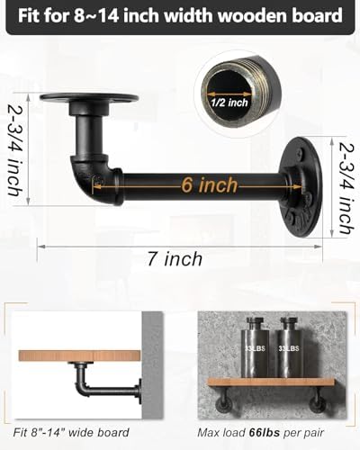 LuckIn Pipe Shelf Brackets for DIY 8 10 12 14 Inch Floating Shelves, Industrial Iron Pipe Bracket, Heavy Duty Metal Shel