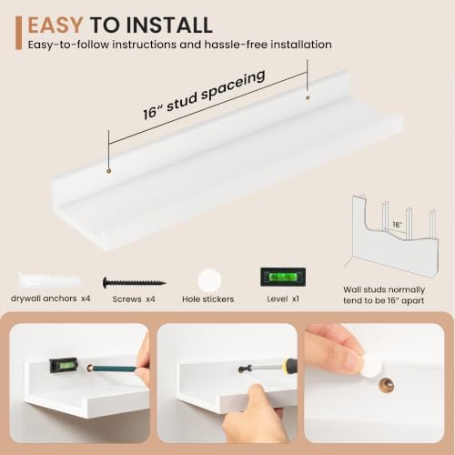 Dreamland Picture Ledge Shelf for Wall, Floating Shelves Set of 2,20 inch Long Floating Shelves with Lip for Living Room,Bedroom,Bathroom,Kitchen,White