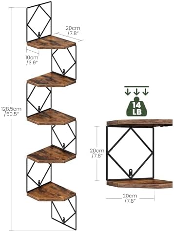 CHOEZON 5-Tier Corner Shelf, Floating Shelf, Wall-Mounted Storage Shelf, Wall Decor, Narrow Corner Bookshelf, for Living