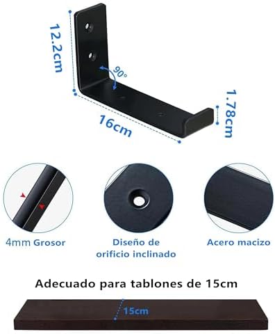 HEART ART Black Shelf Bracket 6 inch, J Metal Heavy Duty Shelf Support Brackets 4 Pack,6.3" L×4.8" H×1.2" W