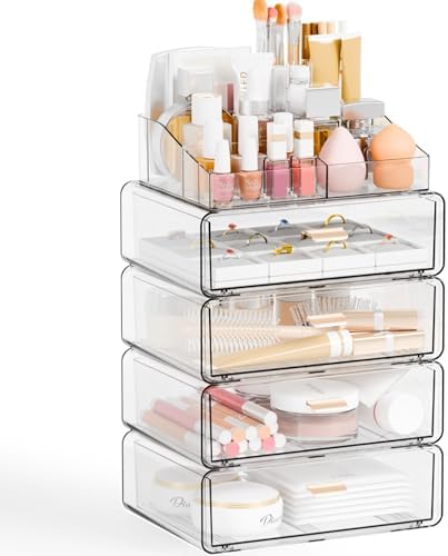 Yieach Clear Acrylic Makeup Organizers Countertop for Dresser,Desk,Bathroom Vanity,5Tier Stackable Make up Holders and M
