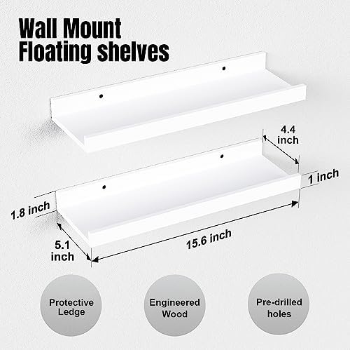 Boswillon Floating Shelves Set of 2, Small Wall Shelf with Lip, 16in, White
