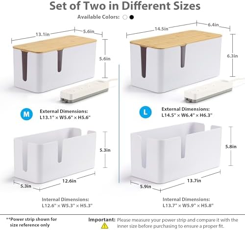 ZhiYo 2 Pack Cable Management Box, Large & XL, Power Strip Organizer, White