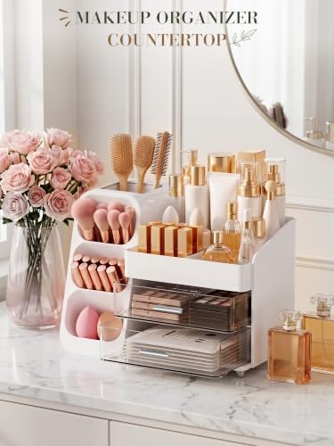 Makeup Organizer for Vanity - Large Skincare Organizers Countertop, Cosmetic Organizer with Brush Holder and 2 Drawer, M