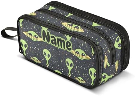 Custom Green Aliens Space Pencil Case Box Boys Girls Personalized Name Large Pencil Pouch Stationery Pen Bag Organizer for Kids Adults School Office