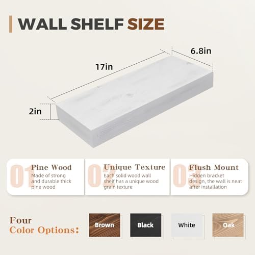 Floating Shelves, 17 Inch Wall Mounted Shelves, Set of 2, White