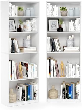 Furinno Jaya 5-Tier Book Shelf Set of 2, Adjustable Shelf, White