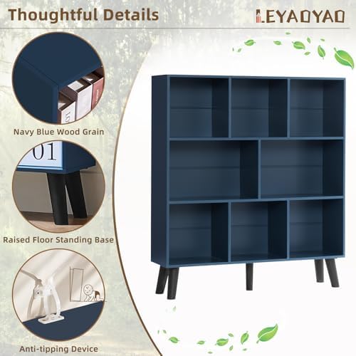 LEYAOYAO 8 Cube Bookshelf,Mid-Century Modern Book Shelf with Legs,Dark Blue