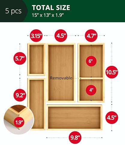 ROYAL CRAFT WOOD 5-Piece Bamboo Drawer Organizer Set – Multi-Use Storage Trays for Kitchen, Bathroom, Office, Makeup, Je