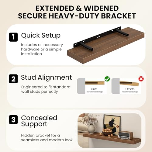 48" Floating Shelves for Wall, Set of 2, 8" Deep, 1.5" Thick, Walnut Finish