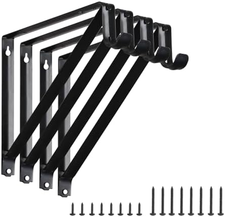 Closet Rod Brackets 11x9.5in, Closet Shelf Brackets 4 Pack, Black
