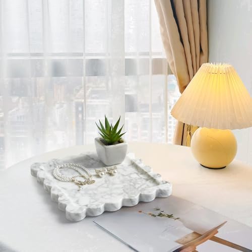 Scalloped Natural Marble Tray - Decorative Stone Tray for Bathroom & Vanity