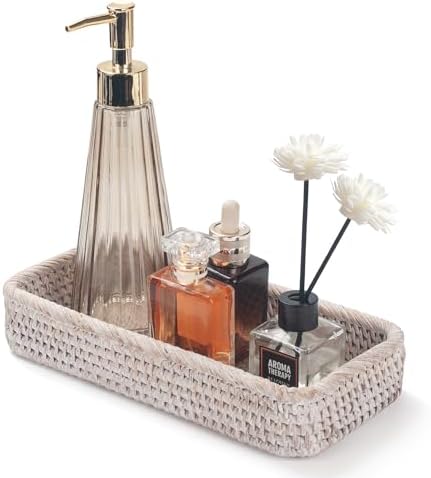 Rattan Bathroom Vanity Trays Toilet Tank Baskets Long Narrow Hand Towel Storage Basket for Storage, Decorative (Whitewas