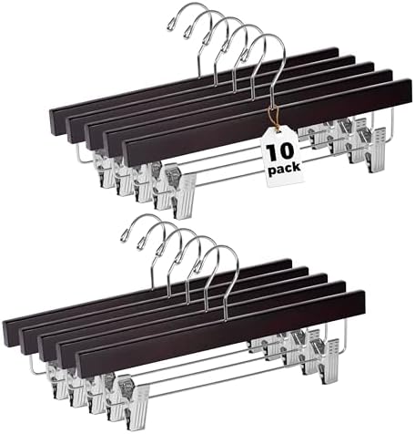 Quality Hangers Wooden Pants Hangers - 10-Pack Swivel Hook Cloth Hanger Set - Lotus Wood Skirt, Pant, Shorts and Slack Hangers with Adjustable Clip – Mahogany Clothing Hanger (Mahogany, 10)