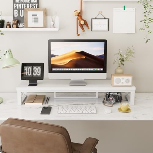IBUYKE Large Dual Monitor Stand Riser for 2 Monitors, Wooden Desktop Computer Monitor Stand Storage Shelf and Steel Legs