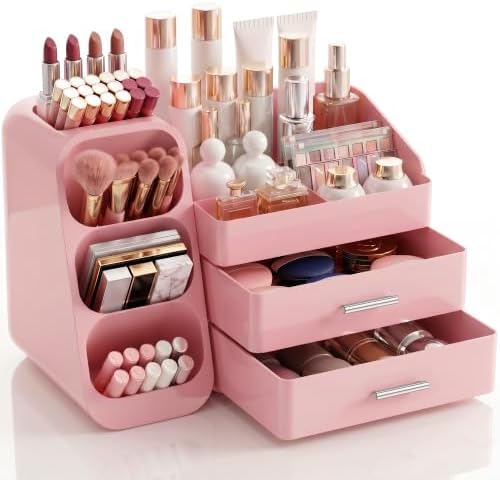 Pink Makeup Organizer with Drawer for Bathroom Countertop Dresser Desk