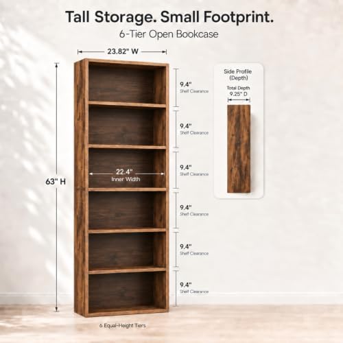 IULULU 6 Tier Bookcase with Open Storage Shelves, Brown