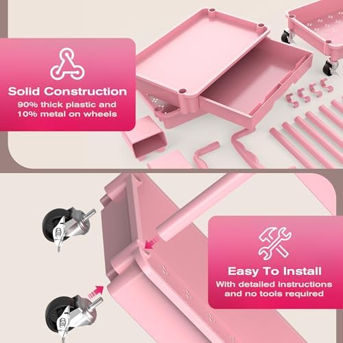 Goovilla Rolling Makeup Organizer Cart with Removable Drawer, 4 Tier Pink