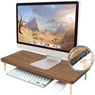 Monitor Stand with 4 USB Ports Walnut Wood Riser for iMac Laptop Computer Monitor – A Sturdy Computer Stand to Elevate Y