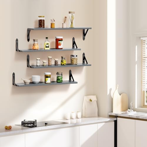 ROMGUAR CRAFT Wood Wall Floating Shelves Set of 4, 23.6" x 6" - Grey