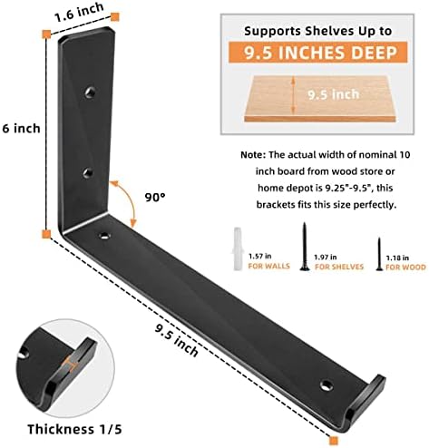 Shelf Brackets 10 Inch, Heavy Duty Black Metal Floating Shelf Bracket, Rustic Farmhouse Decorative Iron L Bracket with L