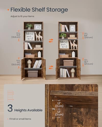 SONGMICS HOME 6-Tier Bookshelf with Doors, Tall Bookcase Storage Shelf, Narrow Shelving Unit with Cabinet for Living Roo
