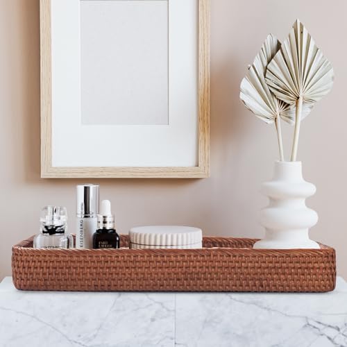 Rattan Bathroom Vanity Trays Toilet Tank Baskets Long Narrow Hand Towel Storage Basket for Storage, Decorative (Honey Br