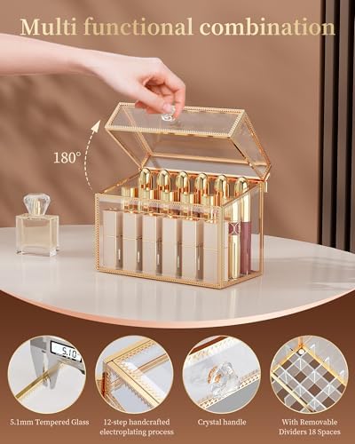 CoralHouse Glass Lipstick Organizer with Lid, 18-Slot Vanity Holder, Clear