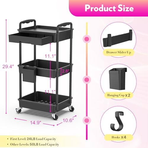SUNALLY Makeup Cart Organizer with Drawer,3 Tier Rolling Makeup Cart, Black