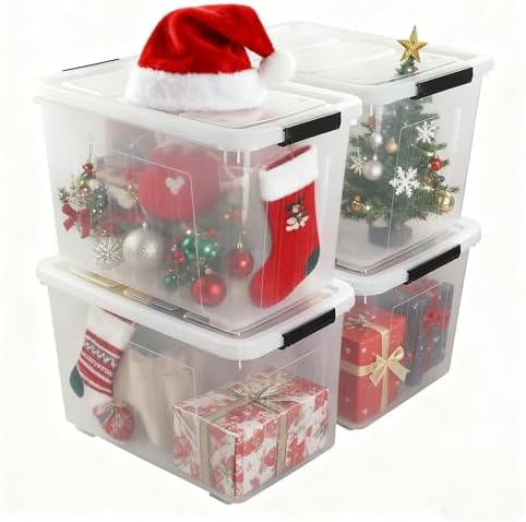 Clear Large Storage Bins with Lids and Wheels, 70L, 4-Pack