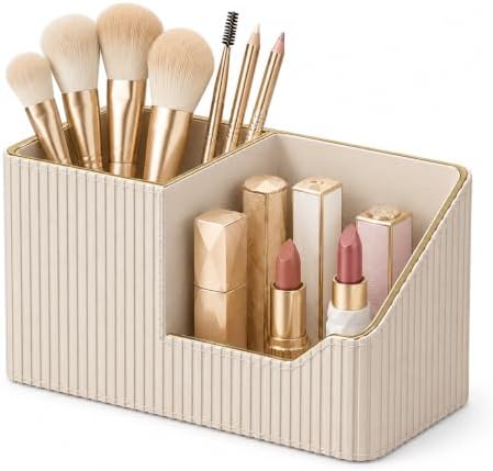 GORESE Leather Makeup Brush Holder with Lipstick Organizer, Beige