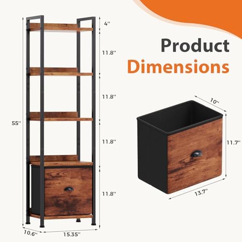 OLIXIS 5 Tier Bookshelf with Fabric Drawer, Tall Narrow Bookcase with Shelf