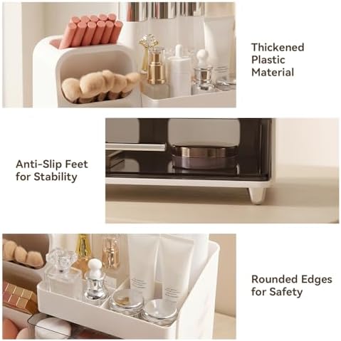 Makeup Organizer for Vanity with Brush Holder and 2 Drawers, White